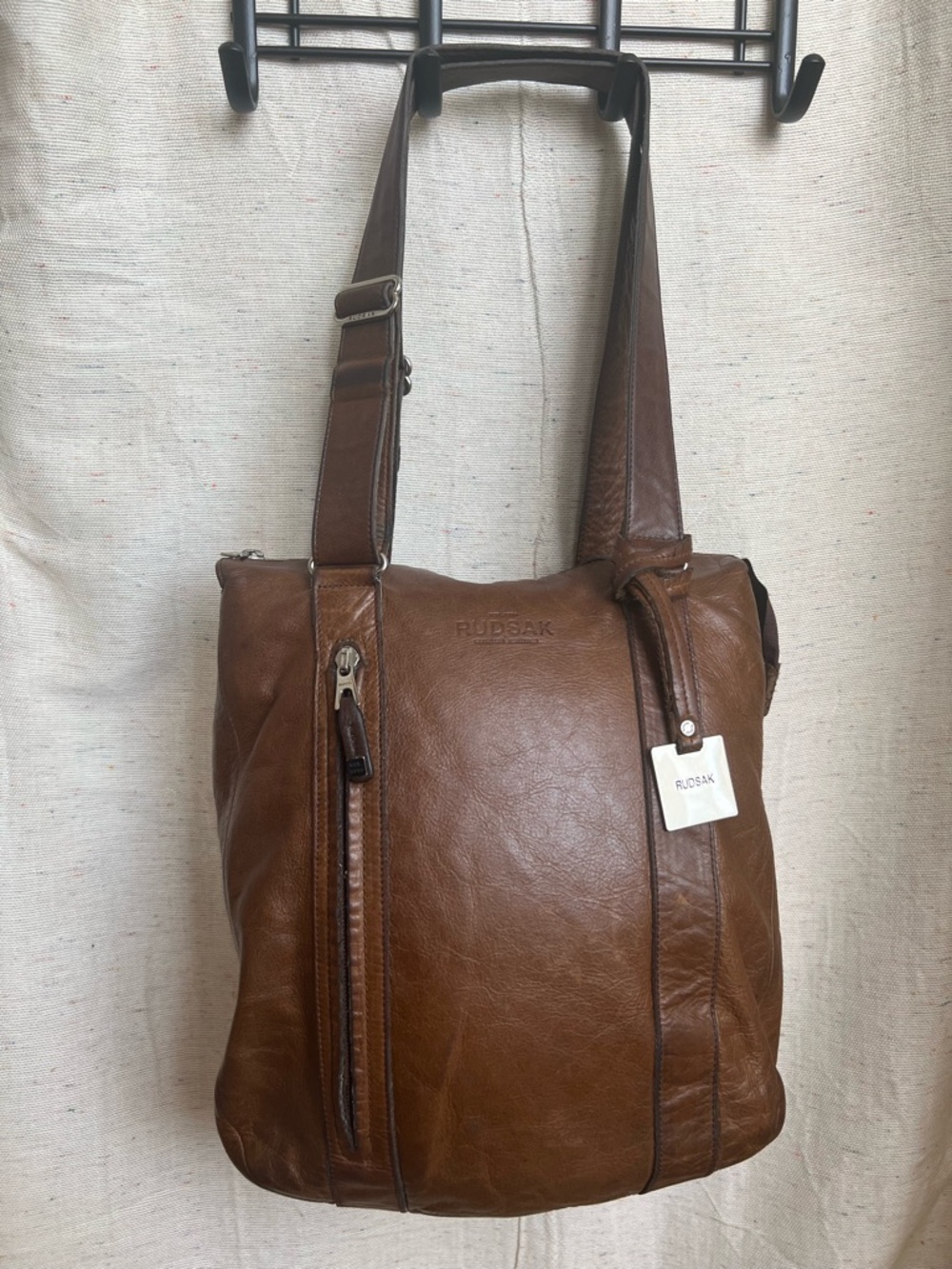 RUDSAK Brown Leather Vertical-Zip Messenger Tote